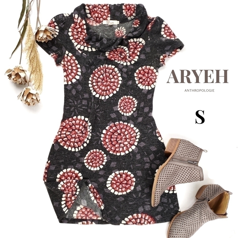 Anthro Aryeh Charcoal Red Poppy Boho Sweater Dress Sz S